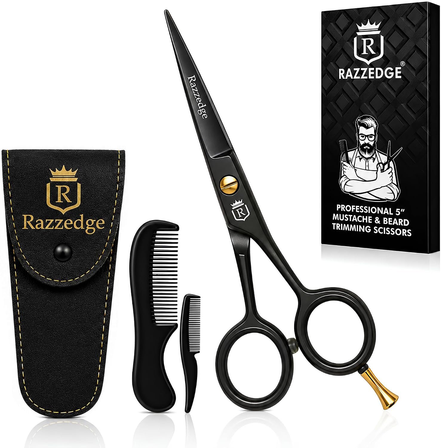 5″ Professional Mustache & Beard Scissors With 1 Beard, 1 Mustache Comb & Travel Pouch, Stainless Steel Black Mustache & Beard Trimming Scissors for Men Facial Hair and Grooming.