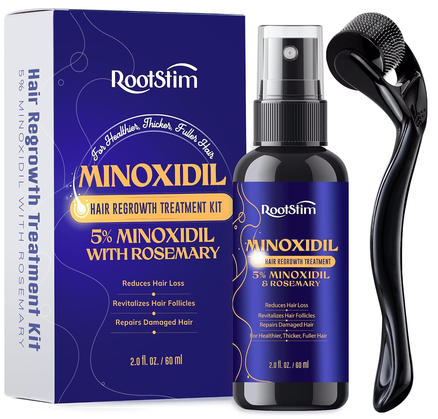 5% Minoxidil Spray + 0.25mm Derma Roller Hair Growth Kit for Men and Women, Hair Regrowth Treatment for Thinning Hairline, Crown & Beard, Rosemary Biotin Formula, 60 mL