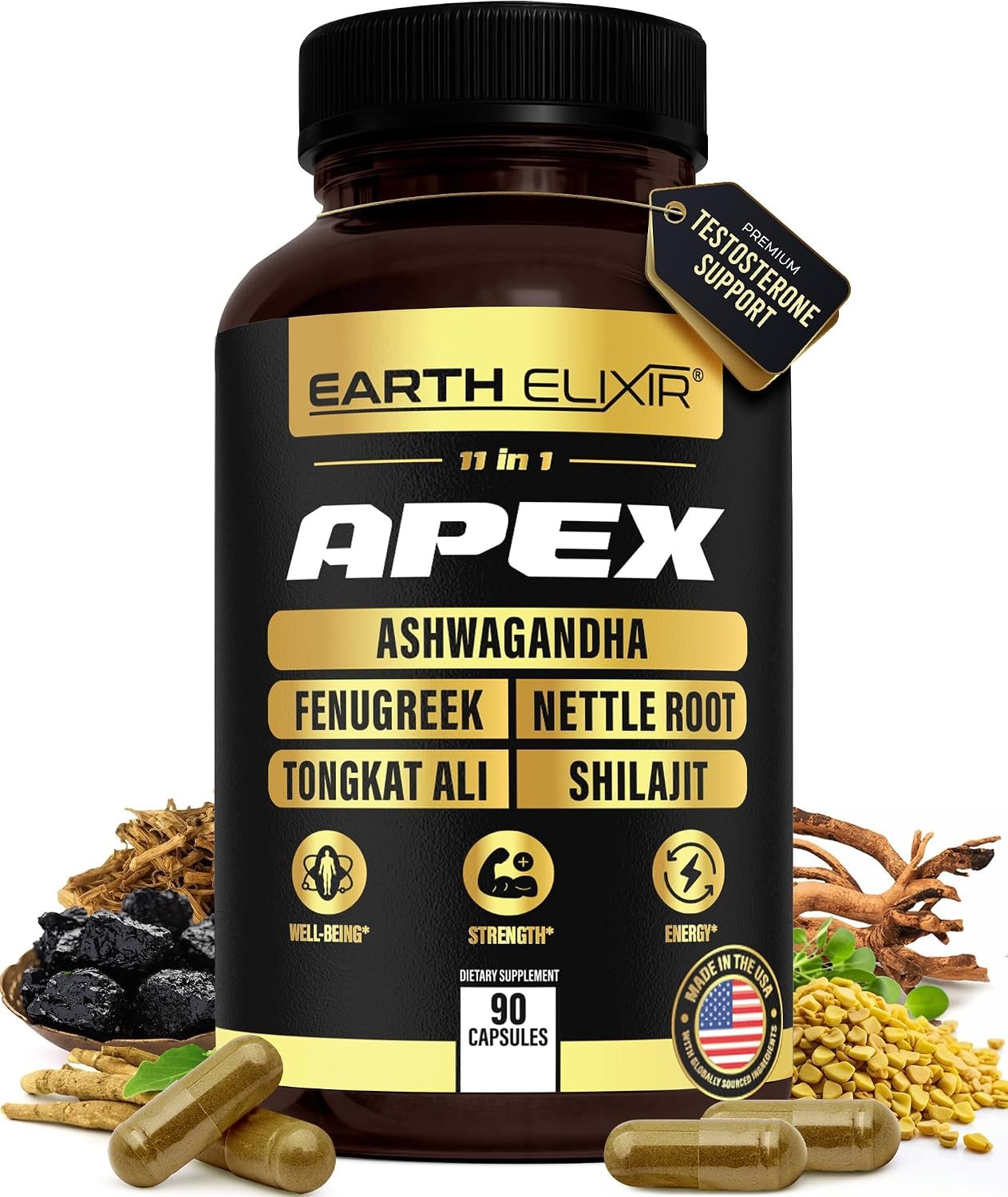 Apex Testosterone Supplement for Men – 11-in-1 Formula with Ashwagandha, Fenugreek Capsules, Tongkat Ali, Shilajit for men, Stinging Nettle Root, Vitamin D, Zinc & Boron – Natural Vitality & Energy