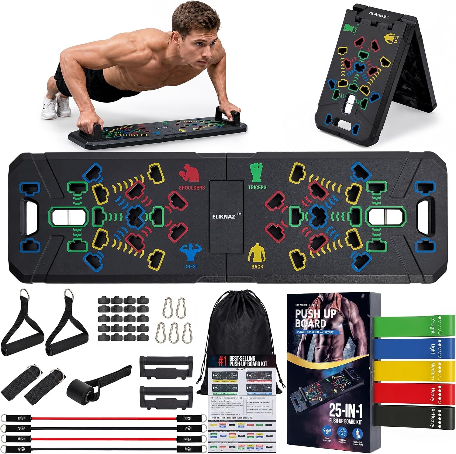 Portable Push Up Board Gym Kit 25-in-1, Foldable Push Up Station & Exercise Board Workout Set with 20 Accessories, Resistance Bands & Handles, Ankle Straps for Men, Women & Teens